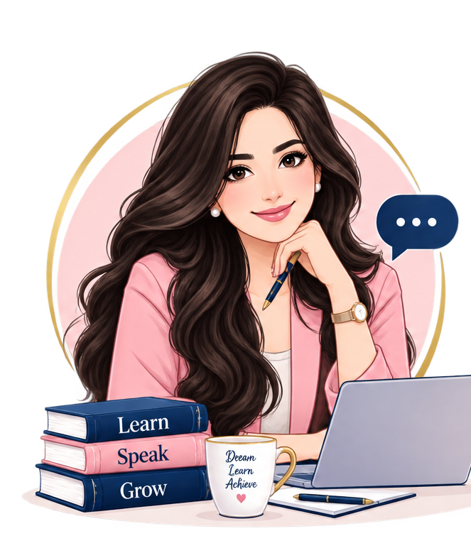 Illustration of Mishaal Abbasi at her desk during an online English class, with books labelled Learn, Speak and Grow